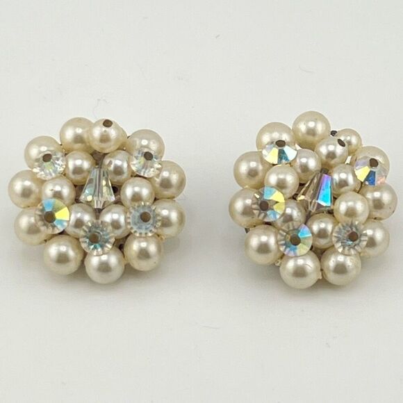 Vintage Earrings Pearl & Aurora Borealis Large Clip Ons Silver Tone - Picture 1 of 4
